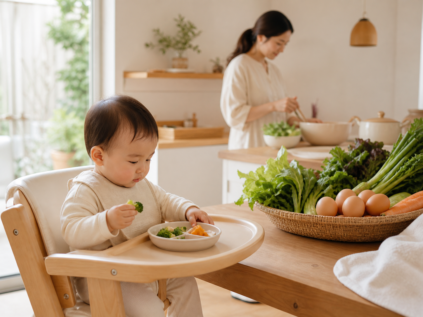 Fresh toddler meal with vegetables and eggs