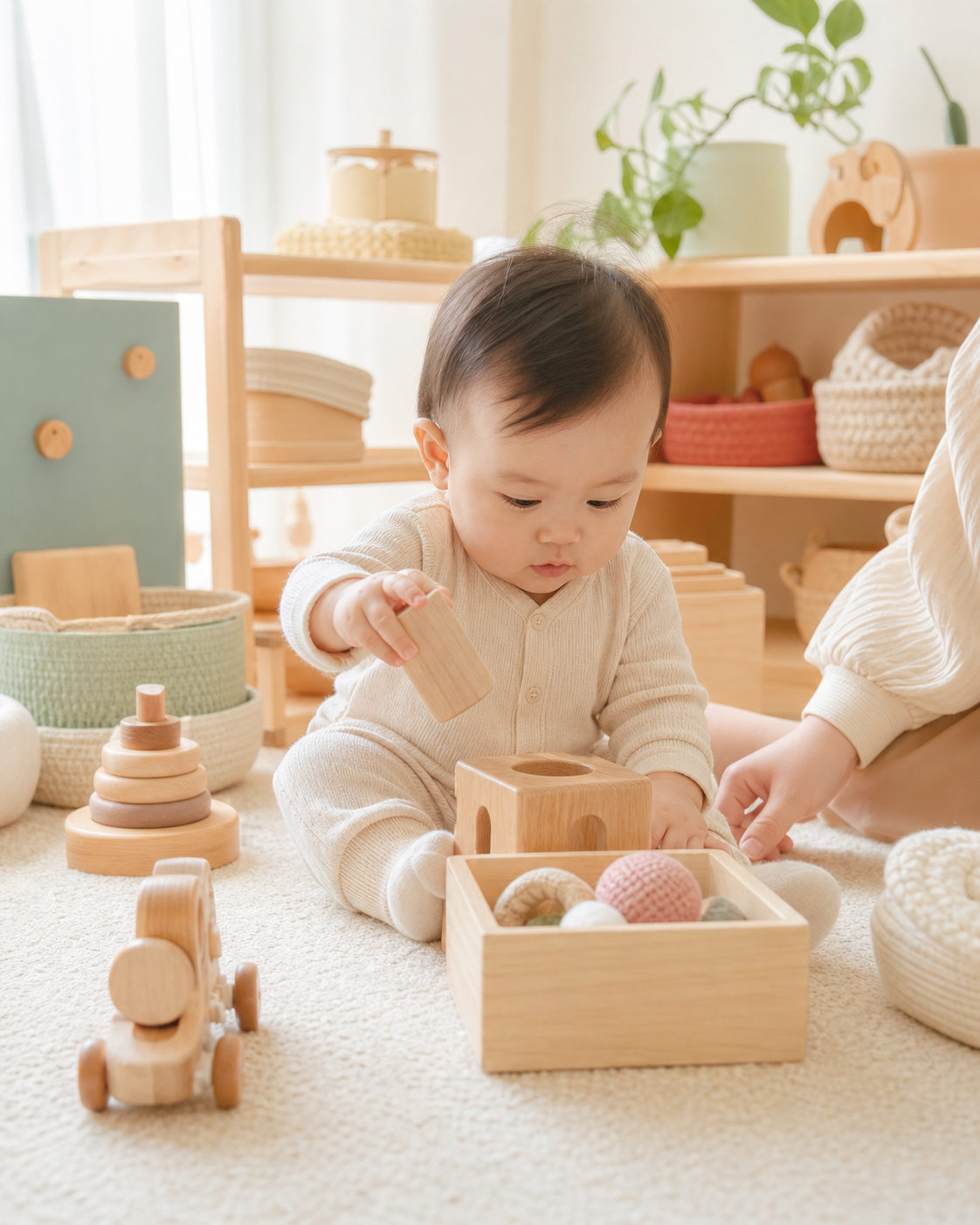 Toddler safely exploring wooden toys